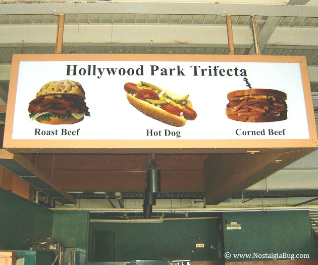 Hollywood Park Trifecta Foods - Roast Beef, Hot Dog, Corned Beef. Cool Racetrack Signage.