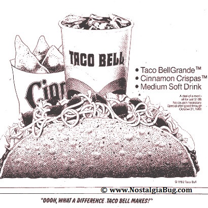 A meal from Taco Bell including the new and oh so yummy Cinnamon Crispas. year 1982.